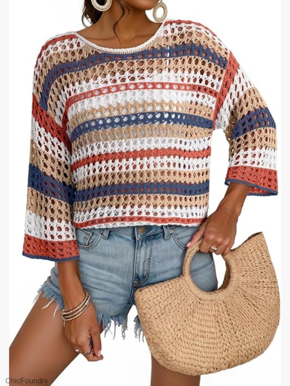 Lightweight Crochet Sweater 3/4 Sleeve Hollow Out Striped Cover Up